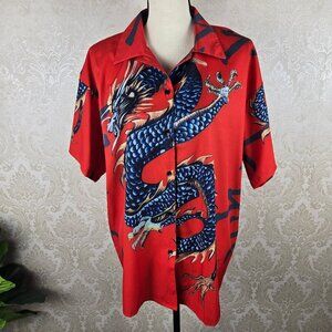 Chase New Design Size 1X Red Button Down Shirt Double Sided Dragon Short Sleeve